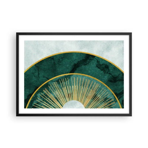 Affiche dans un cadre noir - Poster - Motif abstrait avec des cercles aux couleurs émeraude et or. - 70x50cm - Un autre système solaire - Décoration murale moderne pour le salon et la chambre ARTTOR