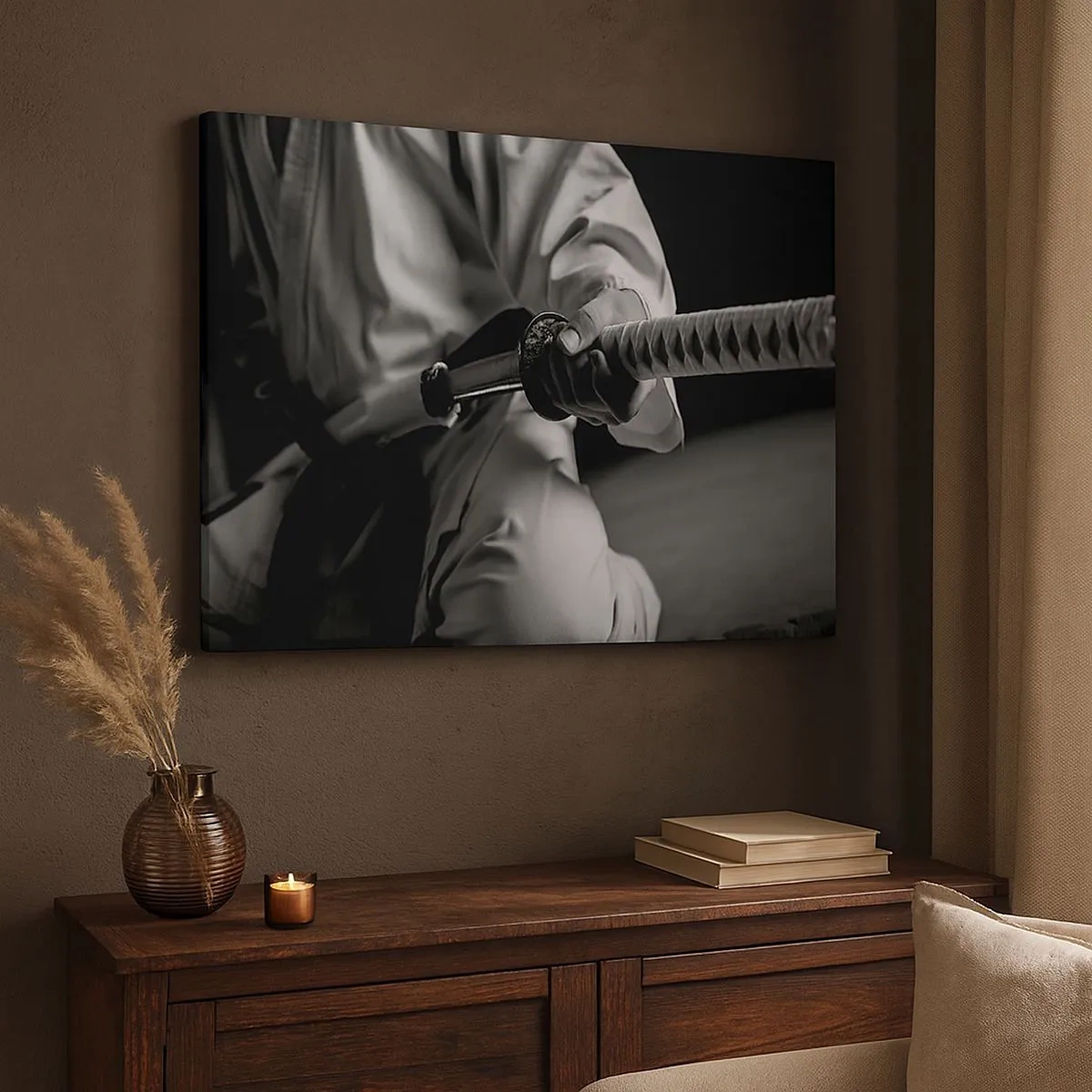 Impression sur toile - Image sur toile - Un samouraï en kimono tenant un katana en noir et blanc. - 70x50cm - Âme de guerrier - Décoration murale moderne pour le salon et la chambre ARTTOR