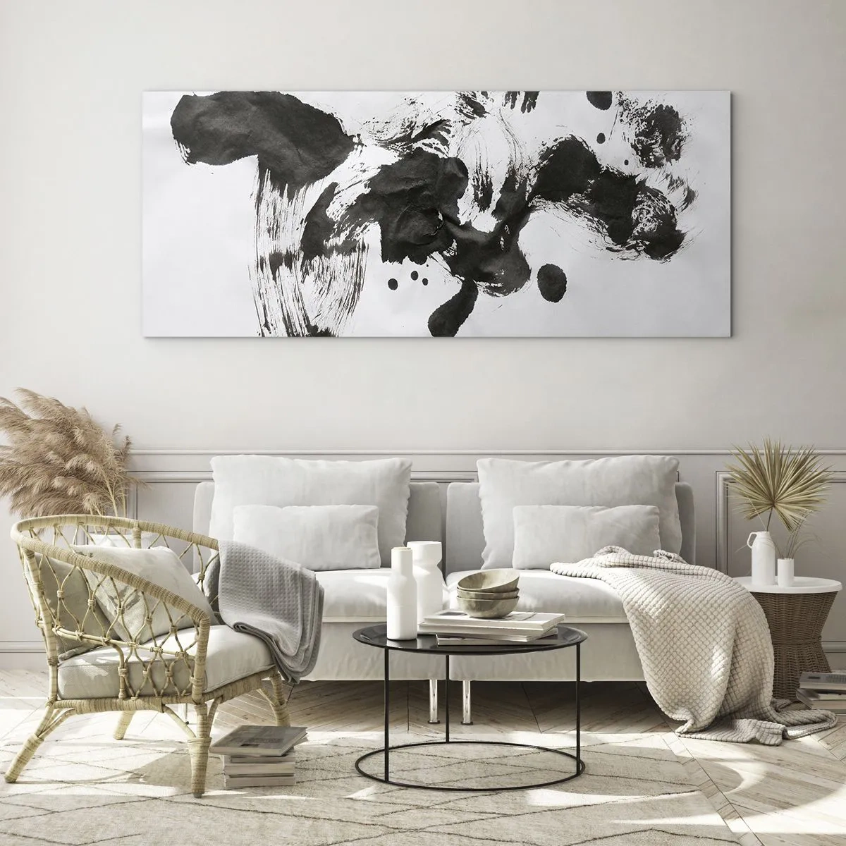 Impression sur verre - Image sur verre - Composition abstraite de taches noires sur fond blanc - 120x50cm - De la méthode dans la folie ? - Décoration murale moderne pour le salon et la chambre ARTTOR