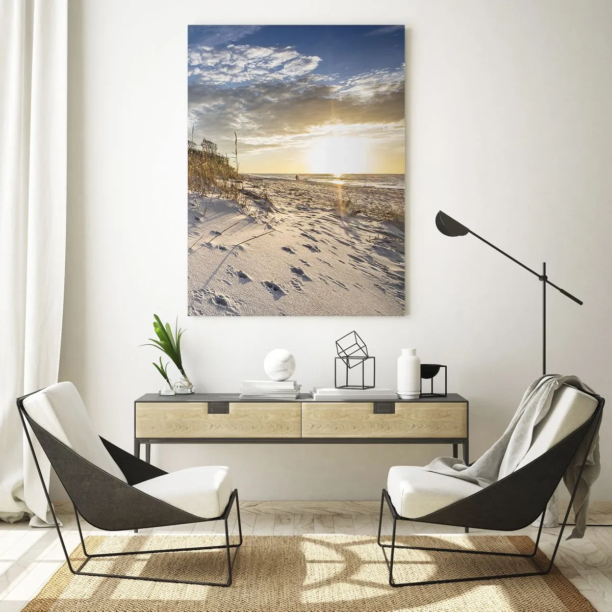 Impression sur verre - Image sur verre - Dunes avec de l'herbe et des empreintes de pas dans le sable au coucher du soleil - 80x120cm - Invitation à la ballade - Décoration murale moderne pour le salon et la chambre ARTTOR