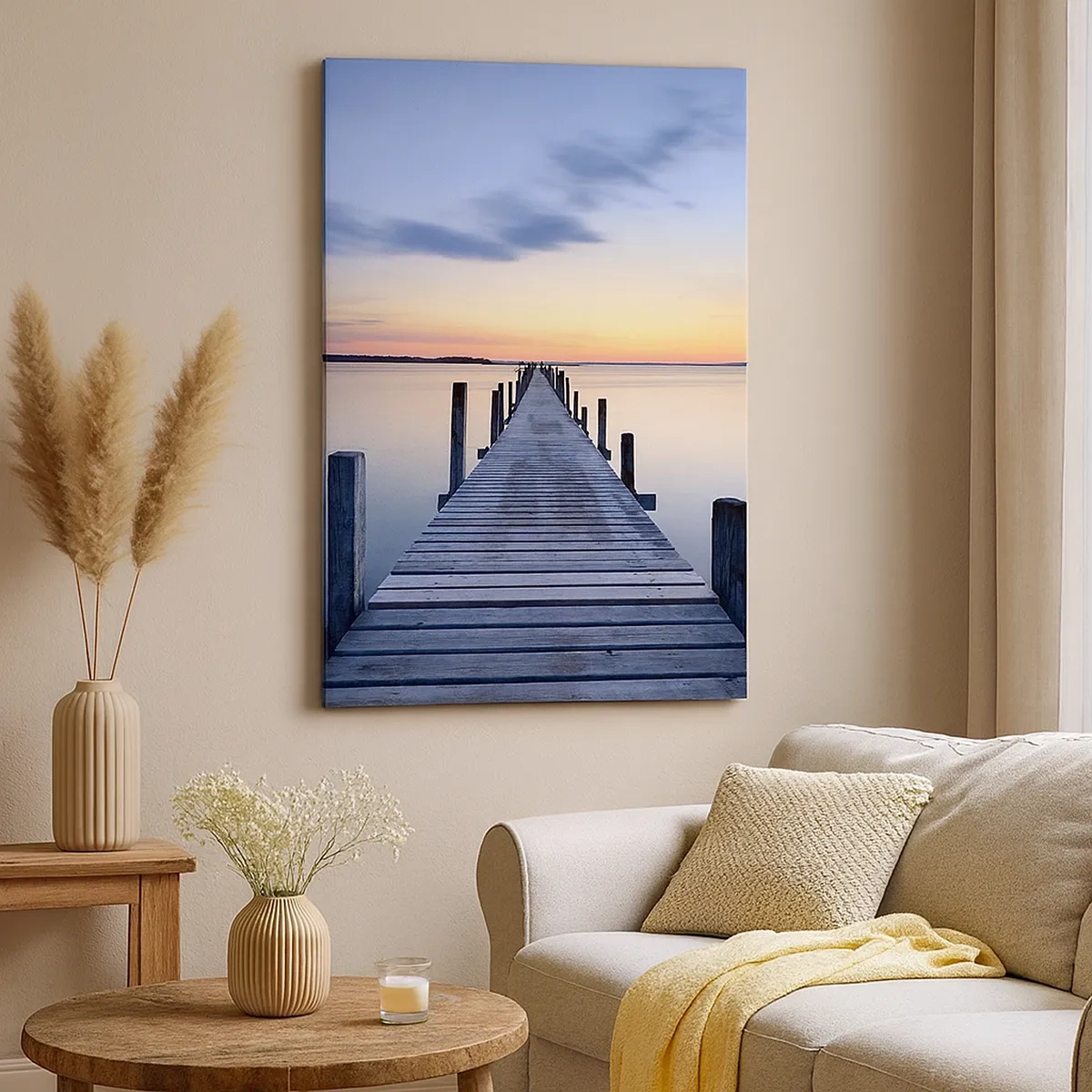 Impression sur toile - Image sur toile - Jetée en bois sur le lac au coucher du soleil - 50x70cm - Le calme d'un crépuscule serein - Décoration murale moderne pour le salon et la chambre ARTTOR