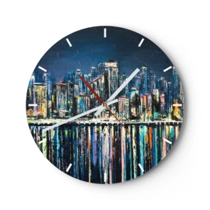 Horloge murale - Pendule murale - Panorama nocturne de la ville avec reflets lumineux sur l'eau - 30x30cm - Cascade de lumières - Décoration murale moderne pour le salon, la cuisine et la chambre ARTTOR