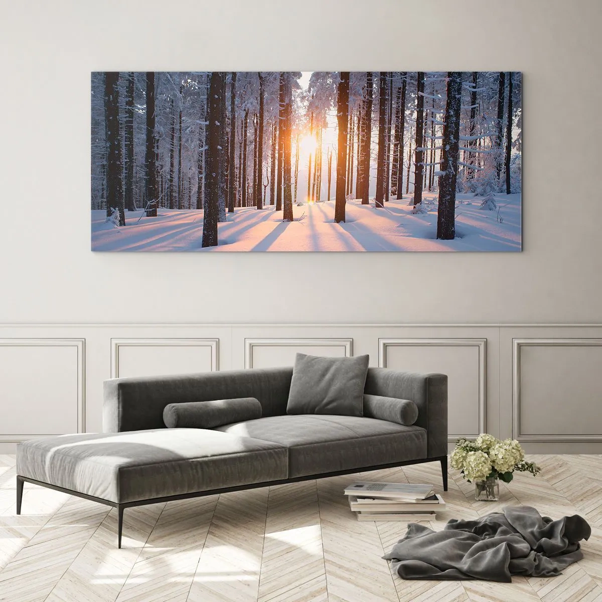 Impression sur verre - Image sur verre - Forêt d'hiver illuminée par les rayons du soleil - 140x50cm - Clairement en noir et blanc - Décoration murale moderne pour le salon et la chambre ARTTOR