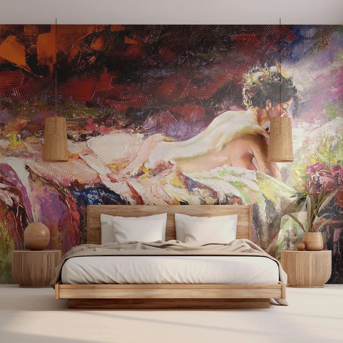 Papier Peint Photo Premium Sand - Une femme allongée sur un lit dans un style artistique et pictural - 100x70cm - Vénus en pensée - Décoration murale moderne pour le salon et la chambre ARTTOR