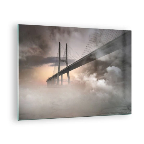 Impression sur verre - Image sur verre - Un pont dans le brouillard avec un ciel dramatique et une perspective en profondeur - 70x50cm - Sur la rivière qui n'existe pas - Décoration murale moderne pour le salon et la chambre ARTTOR