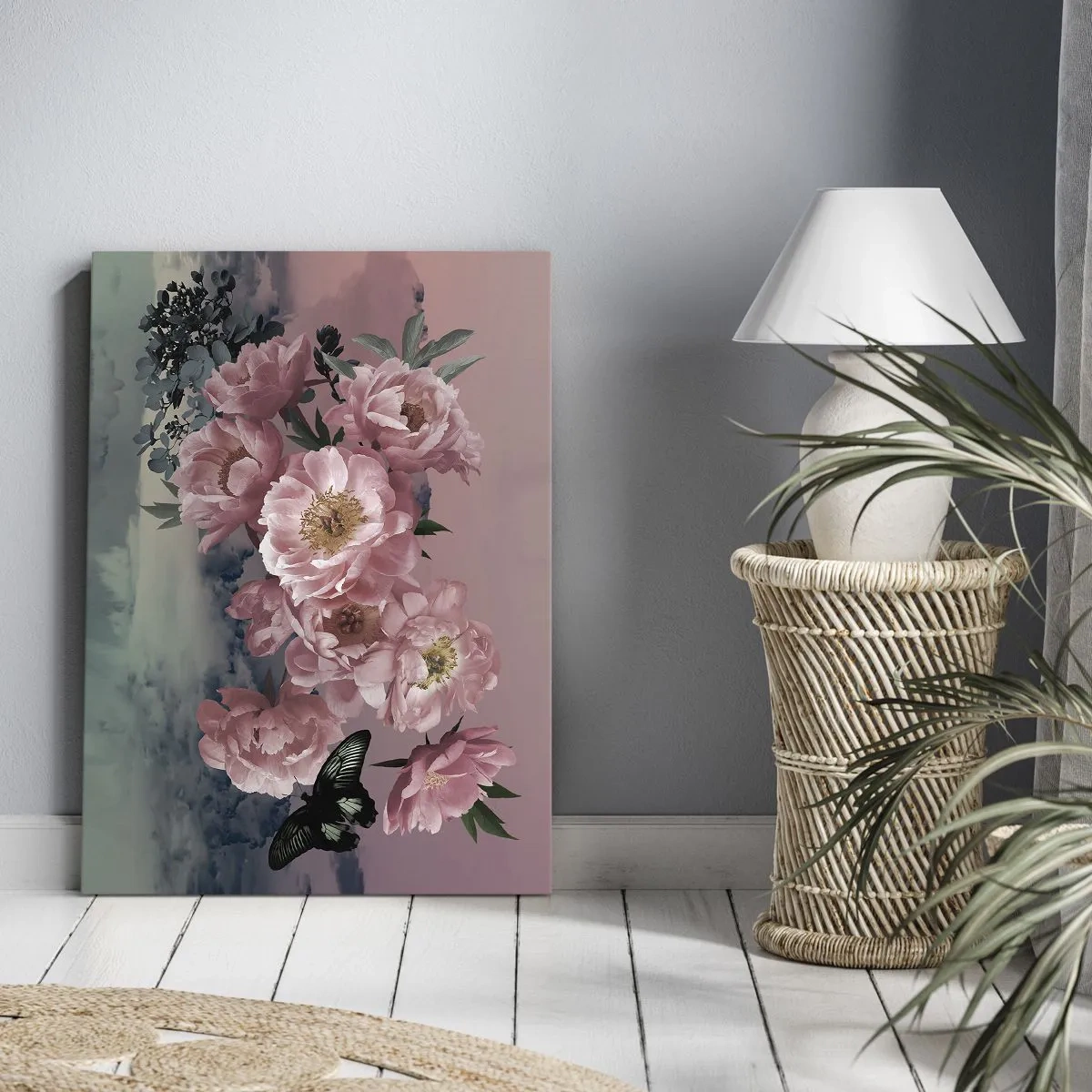 Impression sur toile - Image sur toile - Pivoines roses avec un papillon sur fond pastel - 80x120cm - Pic du romantisme - Décoration murale moderne pour le salon et la chambre ARTTOR