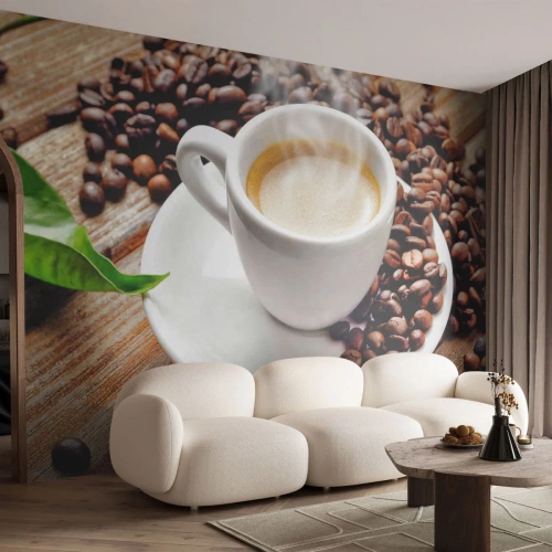 Papier Peint Photo Premium Sand - Café sur un banc - La gastronomie, Café, Tasse - 450x315 cm
