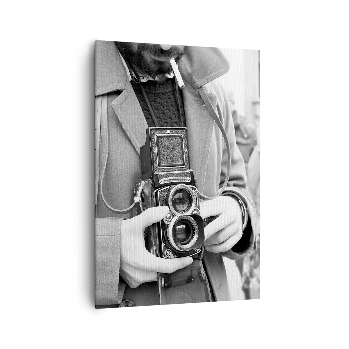 Impression sur toile - Image sur toile - Photo en noir et blanc d'un homme avec un appareil photo rétro - 70x100cm - Dans un style rétro - Décoration murale moderne pour le salon et la chambre ARTTOR