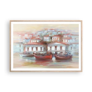 Affiche dans un chêne clair - Poster - Petite ville heureuse - 100x70 cm