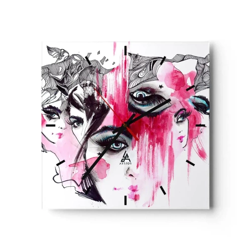 Horloge murale - Pendule murale - Visage abstrait dans les tons de rose et de noir - 30x30cm - Yeux abstraits - Décoration murale moderne pour le salon et la chambre ARTTOR