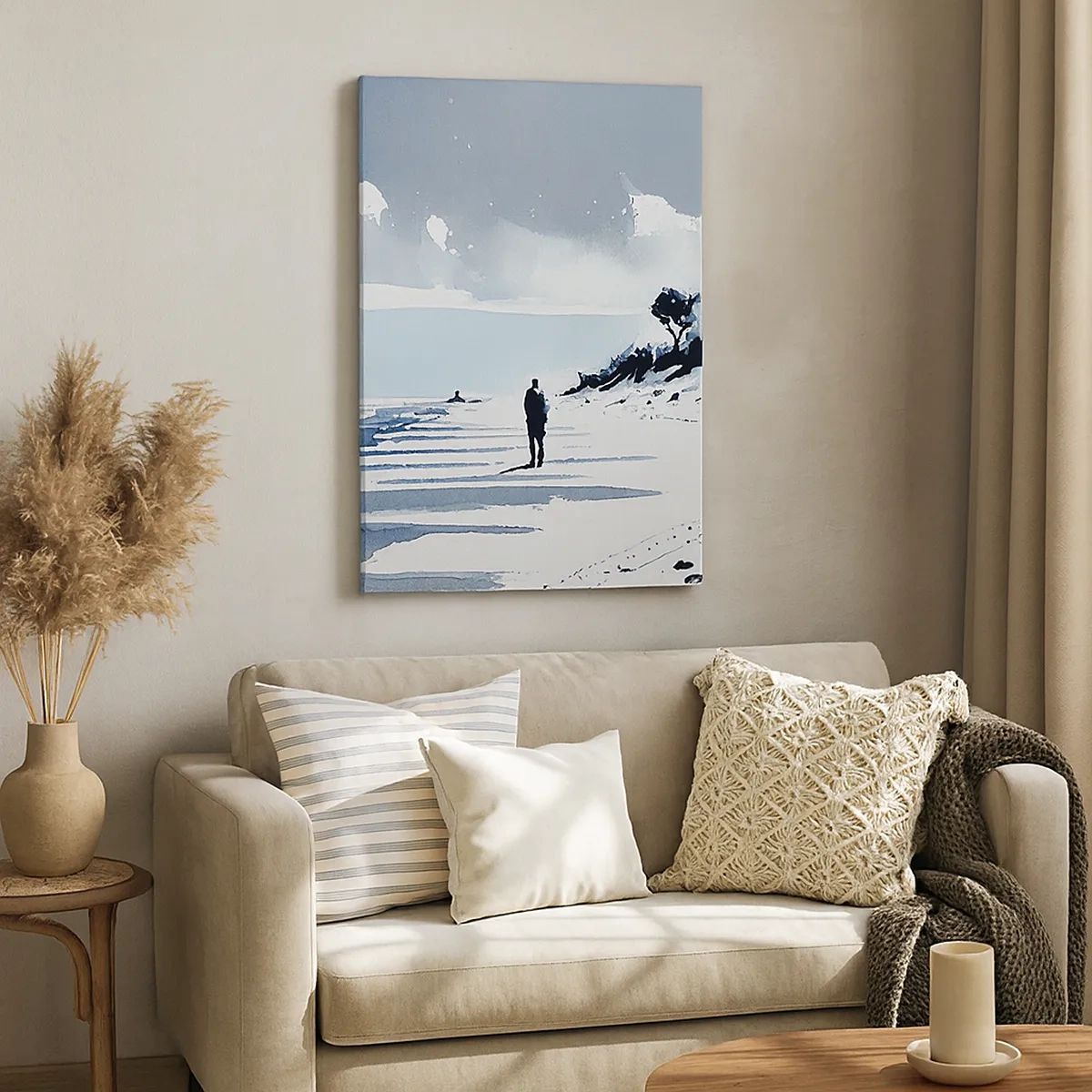 Impression sur toile - Image sur toile - Une silhouette solitaire marchant sur une plage déserte - 50x70cm - Seul à seul - Décoration murale moderne pour le salon et la chambre ARTTOR