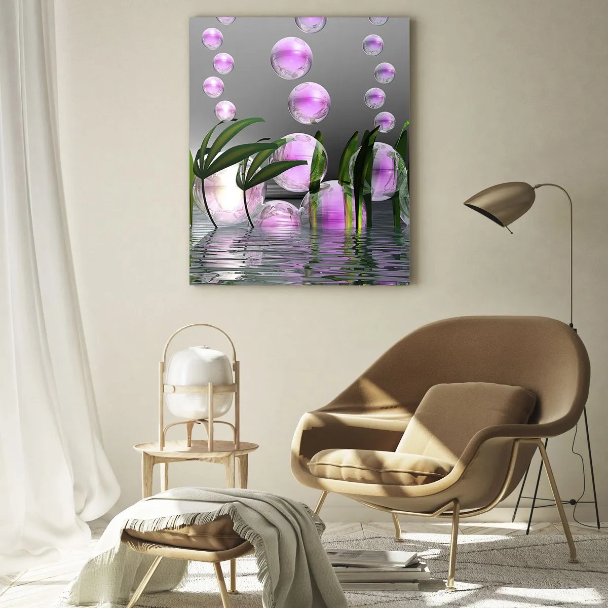 Impression sur verre - Image sur verre - Feuilles vertes et bulles roses au-dessus de l'eau sur fond gris - 80x120cm - Une composition réfléchissante de légèreté et de vie - Décoration murale moderne pour le salon et la chambre ARTTOR