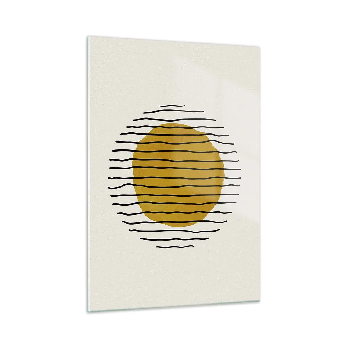 Impression sur verre - Image sur verre - Une composition minimaliste avec un cercle jaune et des lignes noires. - 50x70cm - Abstraction tremblante de chaleur - Décoration murale moderne pour le salon et la chambre ARTTOR