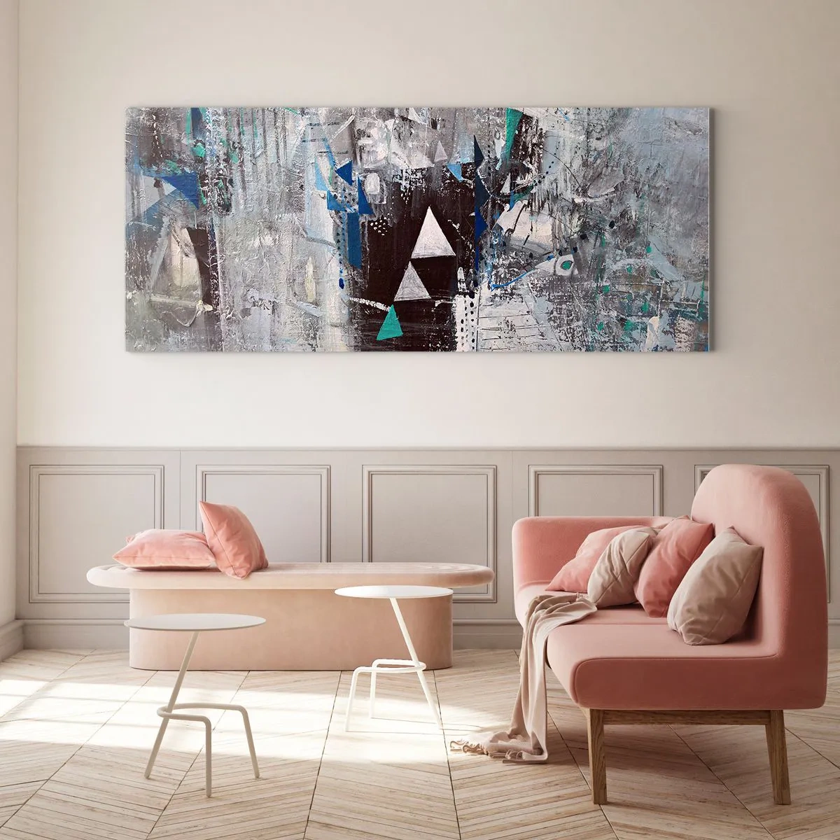 Impression sur verre - Image sur verre - Composition abstraite avec des triangles et des motifs géométriques - 160x50cm - Ordre prioritaire des triangles - Décoration murale moderne pour le salon et la chambre ARTTOR