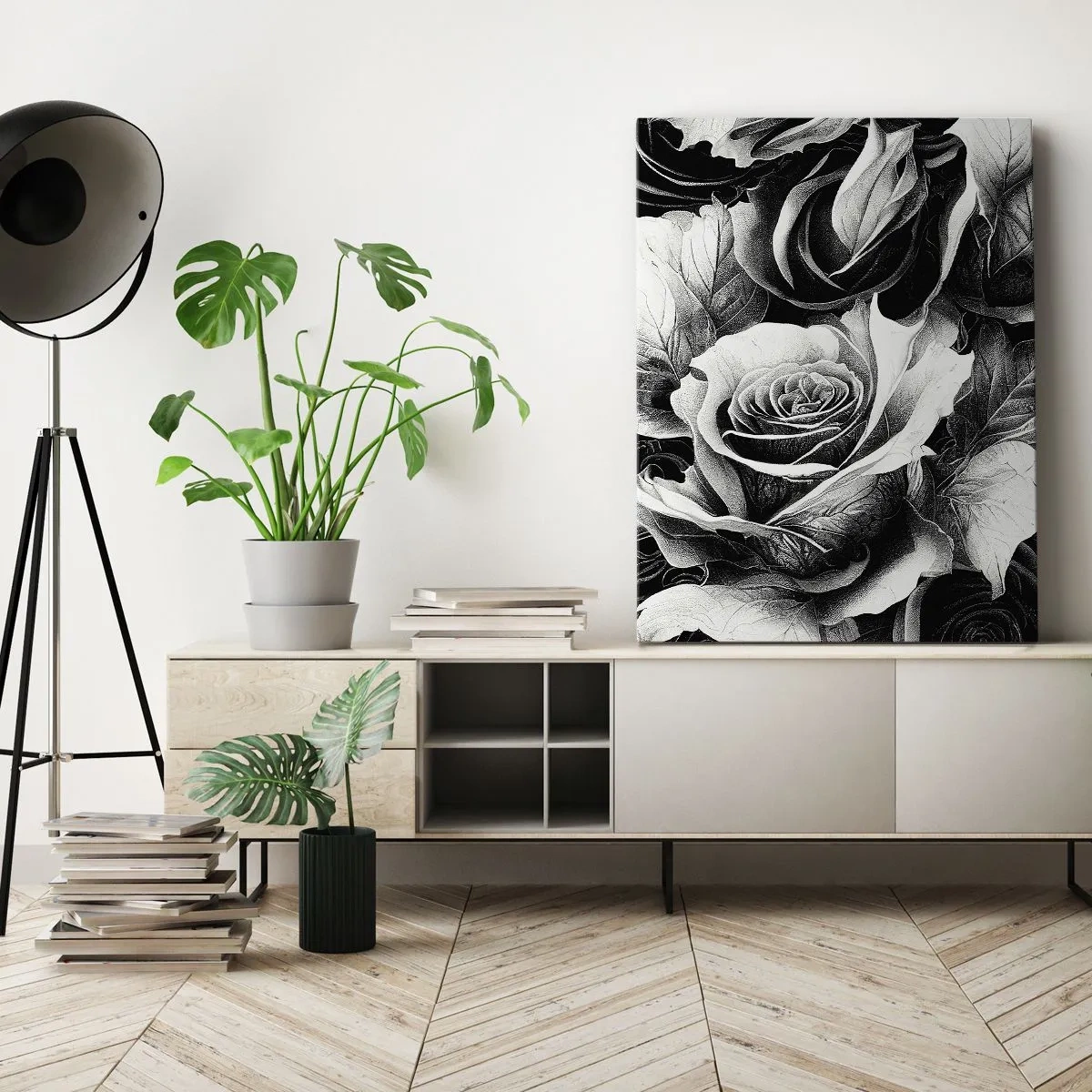 Impression sur toile - Image sur toile - Roses noires et blanches dans une composition élégante - 70x100cm - Toujours une reine - Décoration murale moderne pour le salon et la chambre ARTTOR