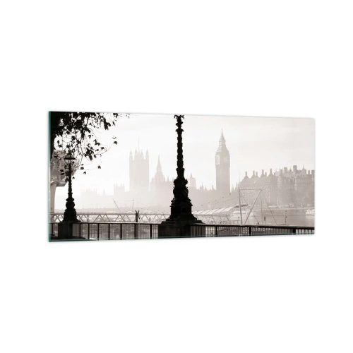 Impression sur verre - Image sur verre - Une vue monochrome de Big Ben et de la Tamise. - 120x50cm - Un matin londonien - Décoration murale moderne pour le salon et la chambre ARTTOR