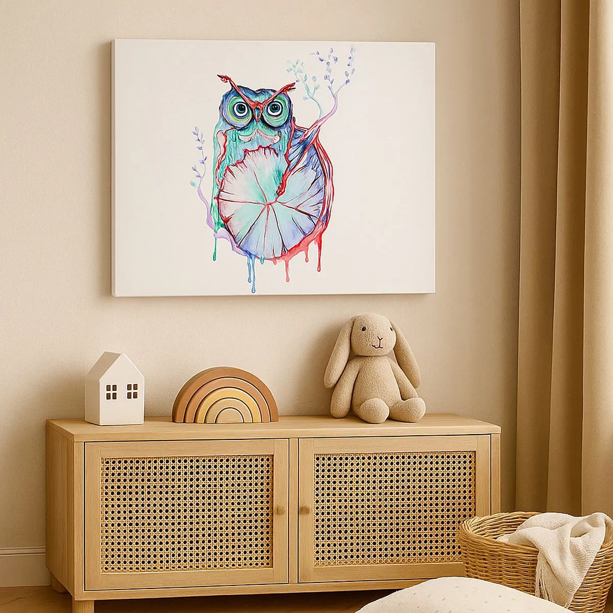 Impression sur toile - Image sur toile - Chouette aquarelle colorée dans un style artistique - 70x50cm - Sage par nature - Décoration murale moderne pour le salon et la chambre ARTTOR