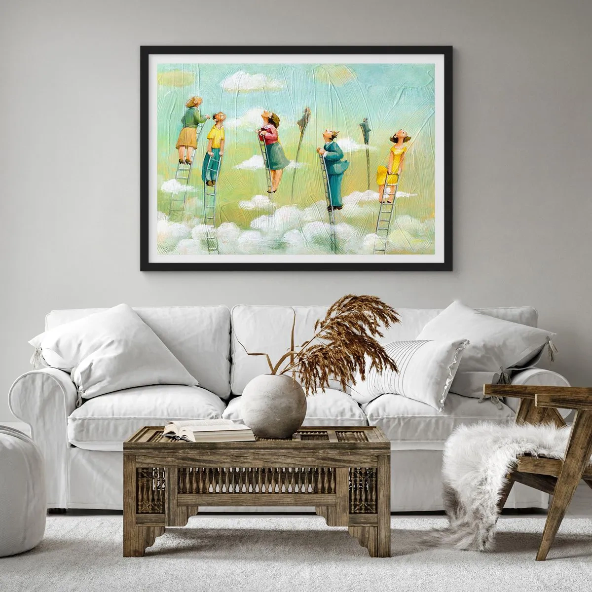 Affiche dans un cadre noir - Poster - Personnages grimpant sur des échelles parmi des nuages sur un fond pastel. - 100x70cm - Derrière ton rêve - Décoration murale moderne pour le salon et la chambre ARTTOR