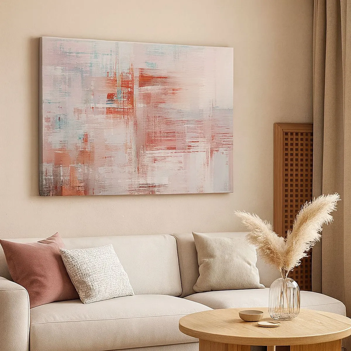 Impression sur toile - Image sur toile - Une composition abstraite avec des nuances de rouge et de couleurs pastel. - 70x50cm - Brumeux. Mais rose - Décoration murale moderne pour le salon et la chambre ARTTOR