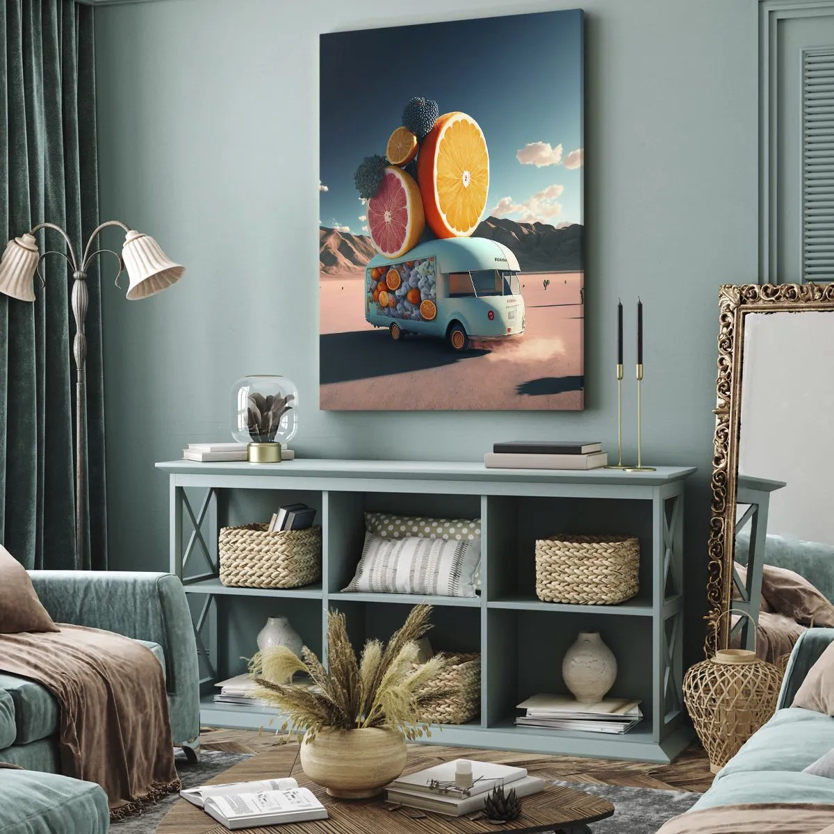 Impression sur toile - Image sur toile - Camion de fruits dans un paysage désertique - 50x70cm - Le goût des vacances - Décoration murale moderne pour le salon et la chambre ARTTOR