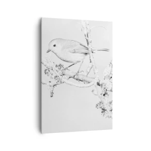 Impression sur toile - Image sur toile - Oiseau sur une branche en noir et blanc avec un style minimaliste - 70x100cm - Matin d'hiver - Décoration murale moderne pour le salon et la chambre ARTTOR