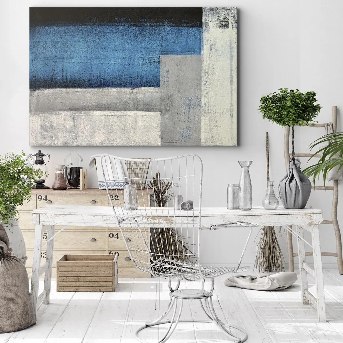 Impression sur toile - Image sur toile - Une composition abstraite avec des nuances de bleu, de gris et de blanc. - 120x80cm - Une composition poétique de gris et de bleu - Décoration murale moderne pour le salon et la chambre ARTTOR