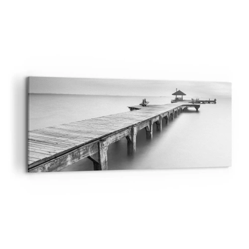 Impression sur toile - Image sur toile - Une vue en noir et blanc d'une jetée en bois sur une eau calme. - 120x50cm - À l'horizon - Décoration murale moderne pour le salon et la chambre ARTTOR