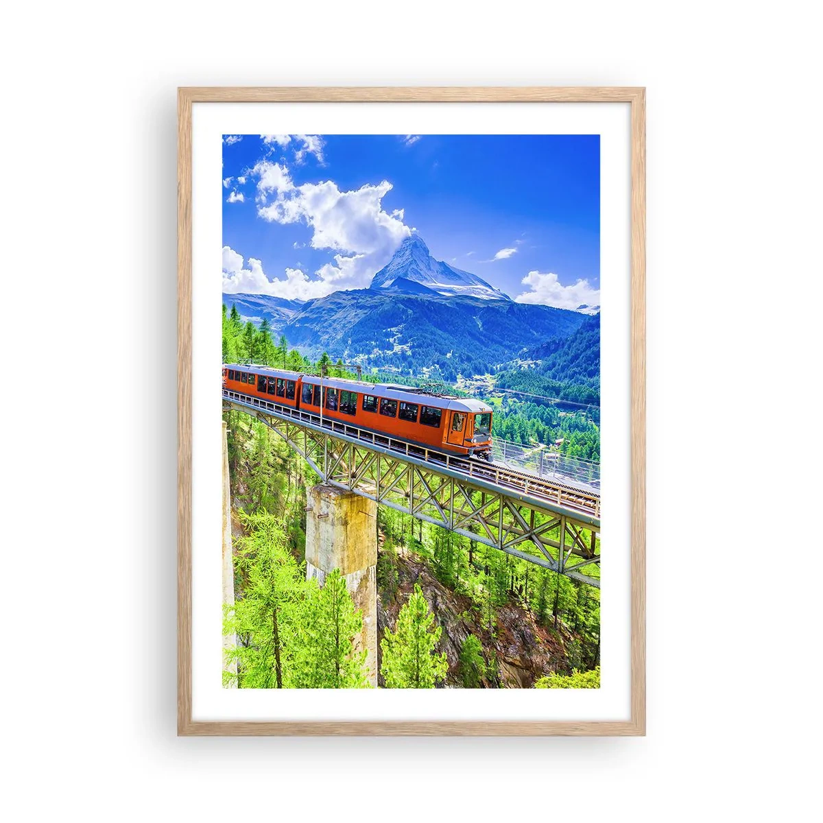 Affiche dans un chêne clair - Poster - Train dans les Alpes - 50x70 cm