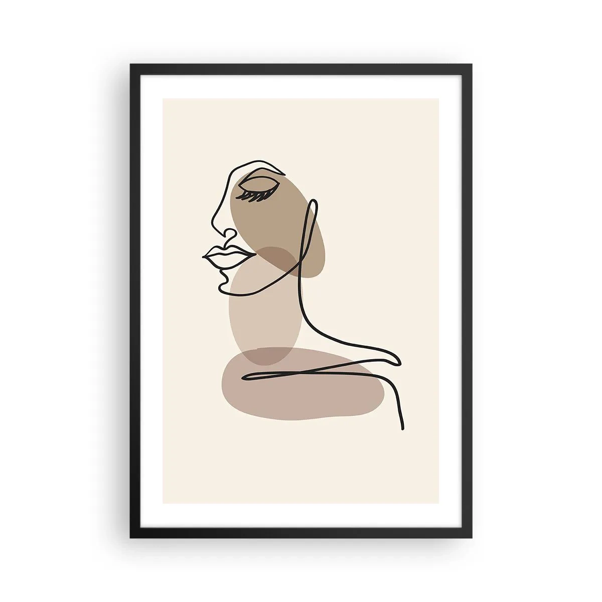 Affiche dans un cadre noir - Poster - Un portrait minimaliste d'une femme dans des tons beiges. - 50x70cm - S'écouter - Décoration murale moderne pour le salon et la chambre ARTTOR