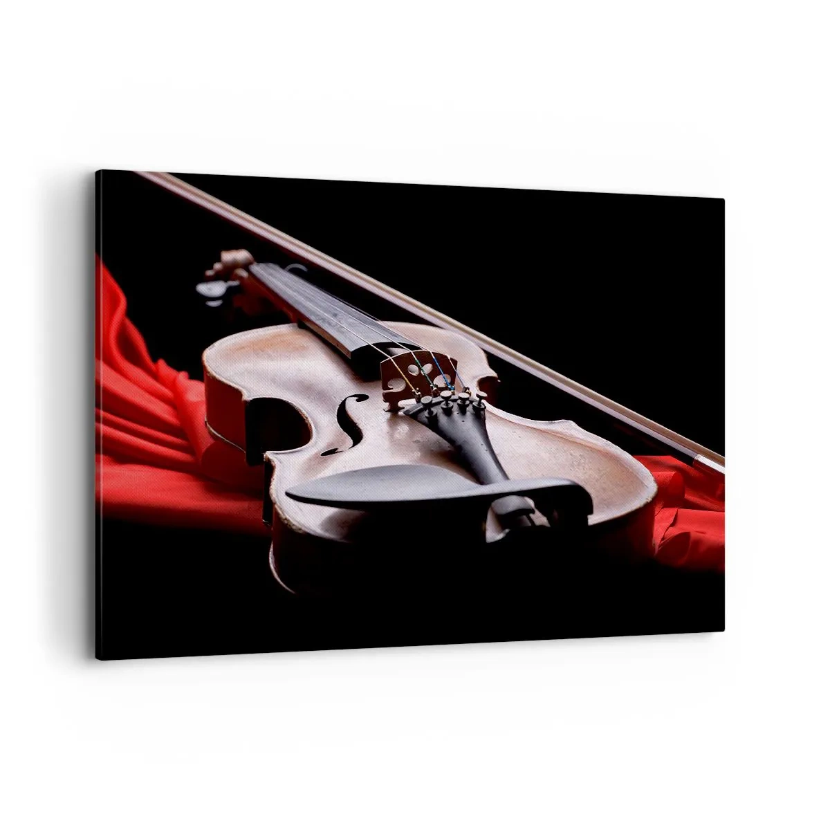Impression sur toile - Image sur toile - Violon sur tissu rouge avec fond noir - 100x70cm - Musique des sentiments - Décoration murale moderne pour le salon et la chambre ARTTOR
