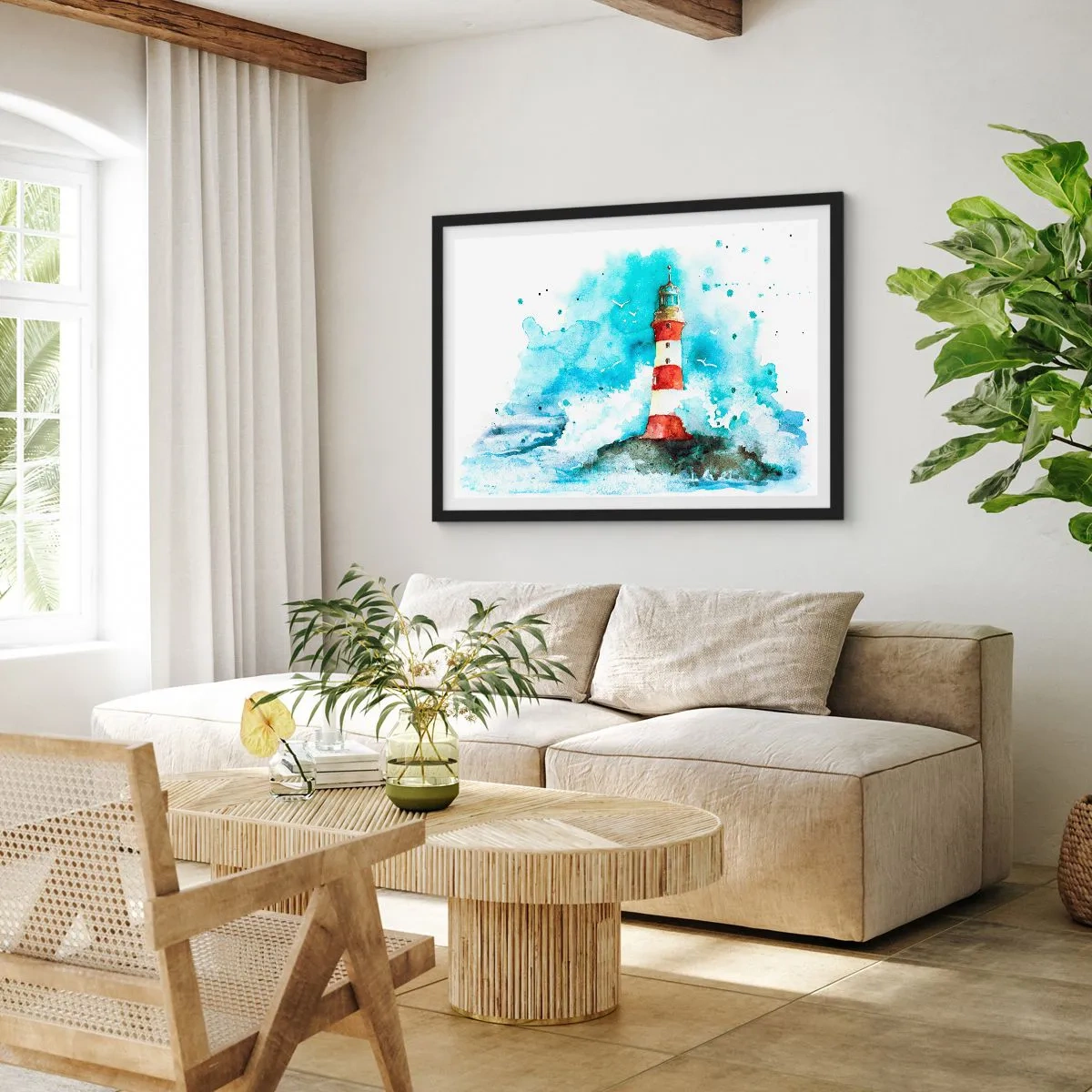 Affiche dans un cadre noir - Poster - Un phare dans un décor aquarelle sur fond bleu - 70x50cm - Unité des éléments - Décoration murale moderne pour le salon et la chambre ARTTOR