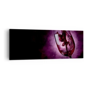 Impression sur toile - Image sur toile - Du vin rouge versé dans un verre sur fond de fumée violette - 140x50cm - Écarlate? Carmin? Non, rubis. - Décoration murale moderne pour le salon et la chambre ARTTOR