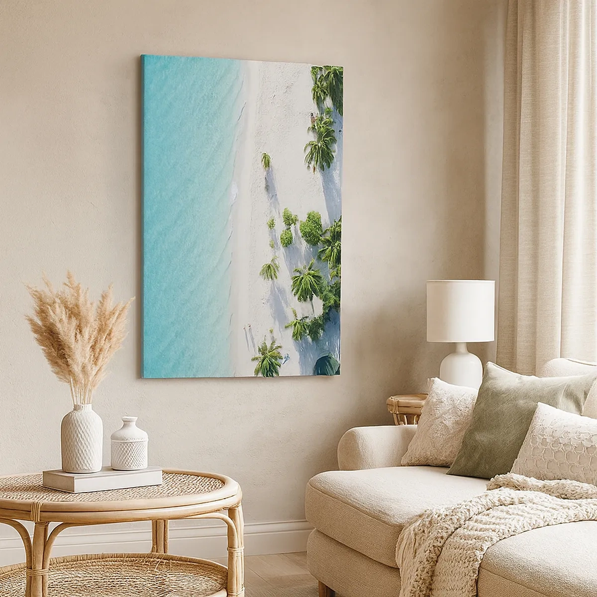 Impression sur toile - Image sur toile - Vue plongeante sur une plage tropicale avec de l'eau turquoise et des palmiers - 50x70cm - Vacances au paradis - Décoration murale moderne pour le salon et la chambre ARTTOR