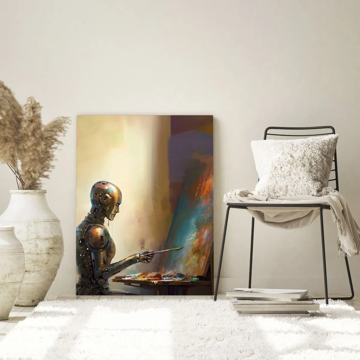 Impression sur verre - Image sur verre - Un robot peignant sur une toile dans un style artistique - 80x120cm - L'art du futur - Décoration murale moderne pour le salon et la chambre ARTTOR