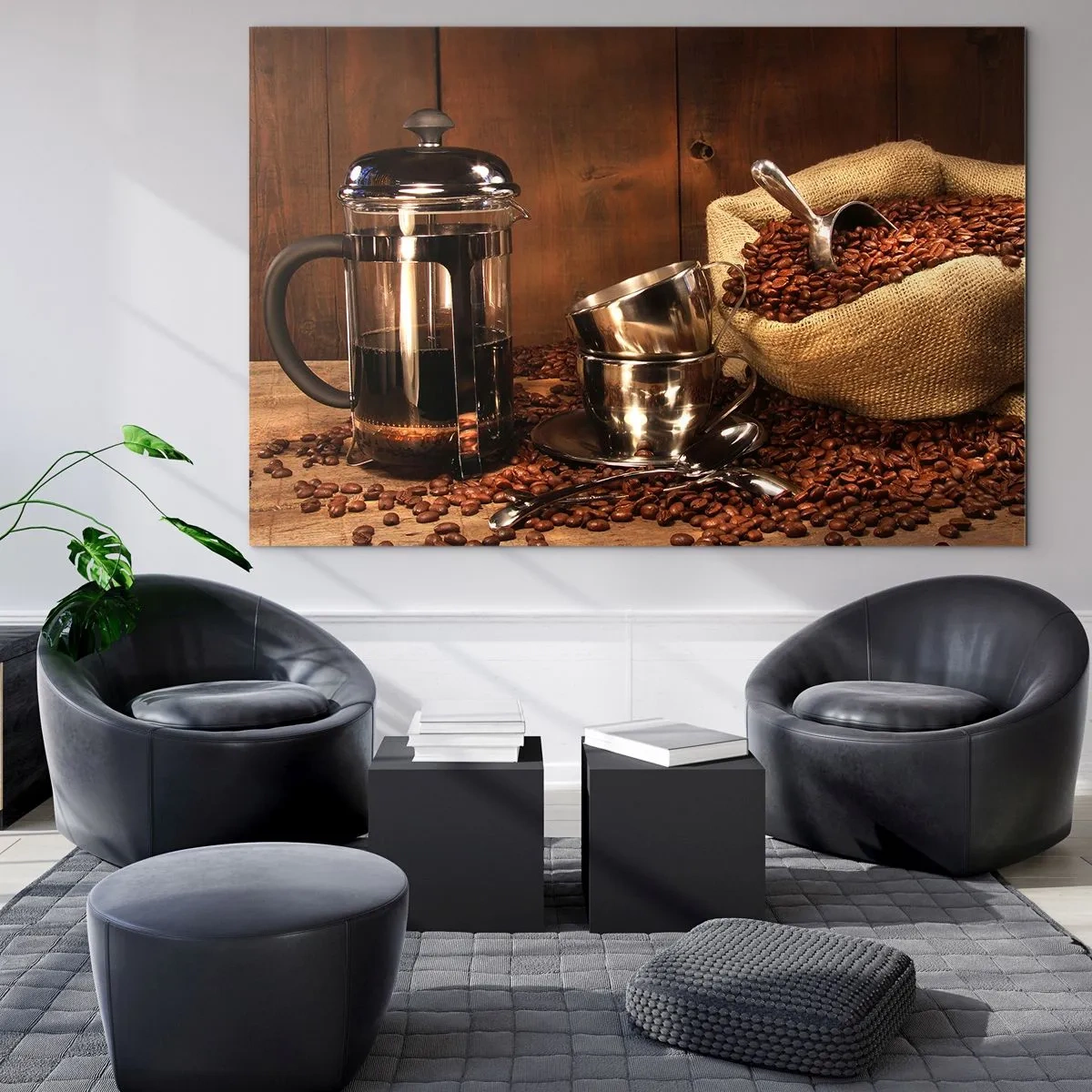 Impression sur verre - Image sur verre - Cafetière, tasses et un sac de grains de café - 70x50cm - Le charme du café - arôme et goût - Décoration murale moderne pour le salon et la chambre ARTTOR