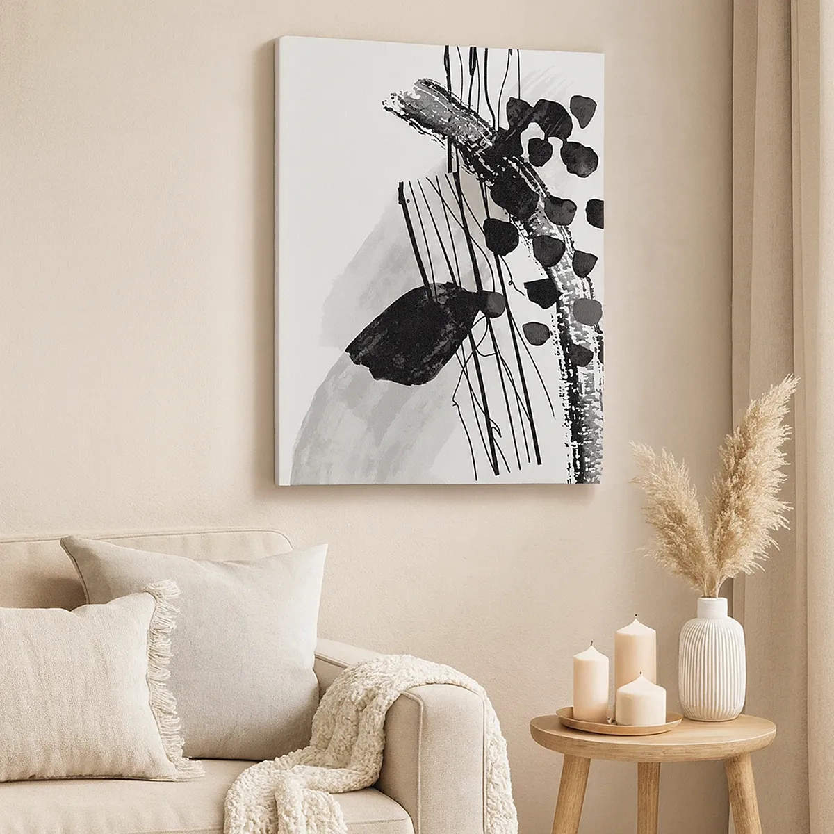 Impression sur toile - Image sur toile - Composition abstraite en noir et blanc avec des formes organiques - 50x70cm - Abstraction organique noir et blanc - Décoration murale moderne pour le salon et la chambre ARTTOR