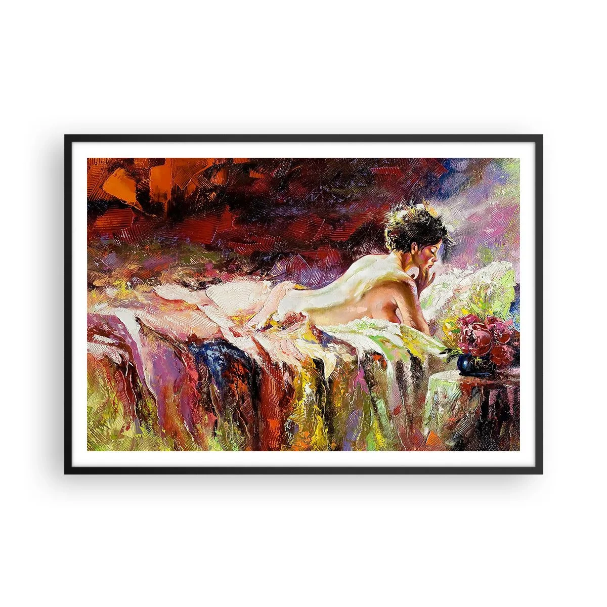 Affiche dans un cadre noir - Poster - Une femme allongée sur un lit sur un fond de couleurs abstraites. - 100x70cm - Vénus en pensée - Décoration murale moderne pour le salon et la chambre ARTTOR