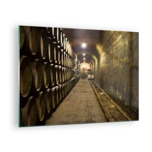 Impression sur verre - Image sur verre - Cave à vin avec rangées de barriques - 70x50cm - Qu'il est bon de s'allonger - Décoration murale moderne pour le salon et la chambre ARTTOR