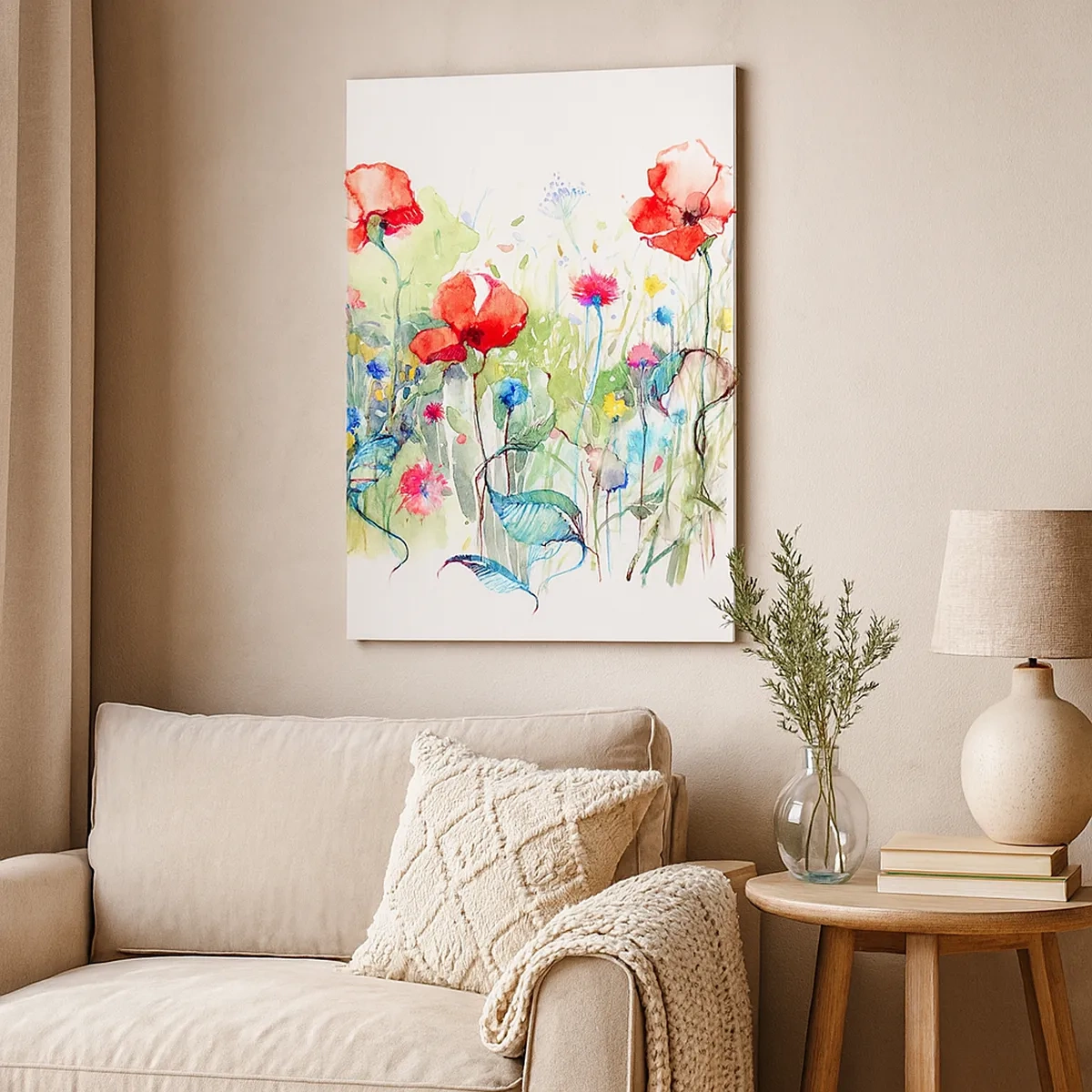 Impression sur toile - Image sur toile - Une prairie avec des coquelicots rouges et des fleurs colorées à l'aquarelle - 50x70cm - Prairie de fleurs en mai - Décoration murale moderne pour le salon et la chambre ARTTOR