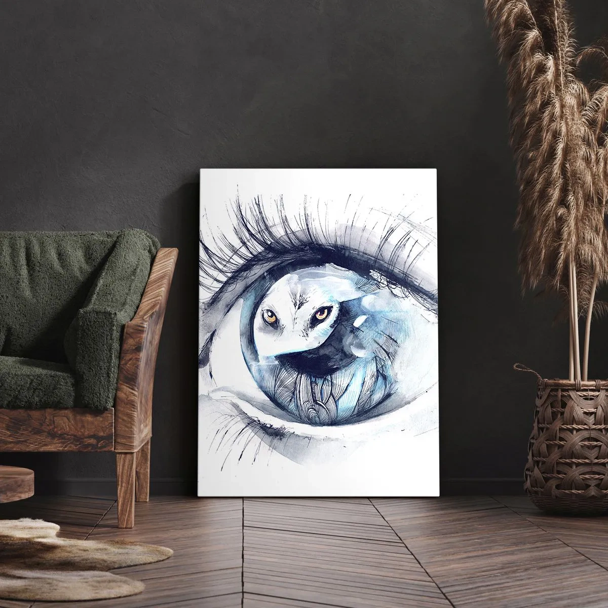 Impression sur toile - Image sur toile - Un œil avec une image d'un hibou dans des tons bleus à l'aquarelle - 70x100cm - Face à face avec la nature sauvage - Décoration murale moderne pour le salon et la chambre ARTTOR