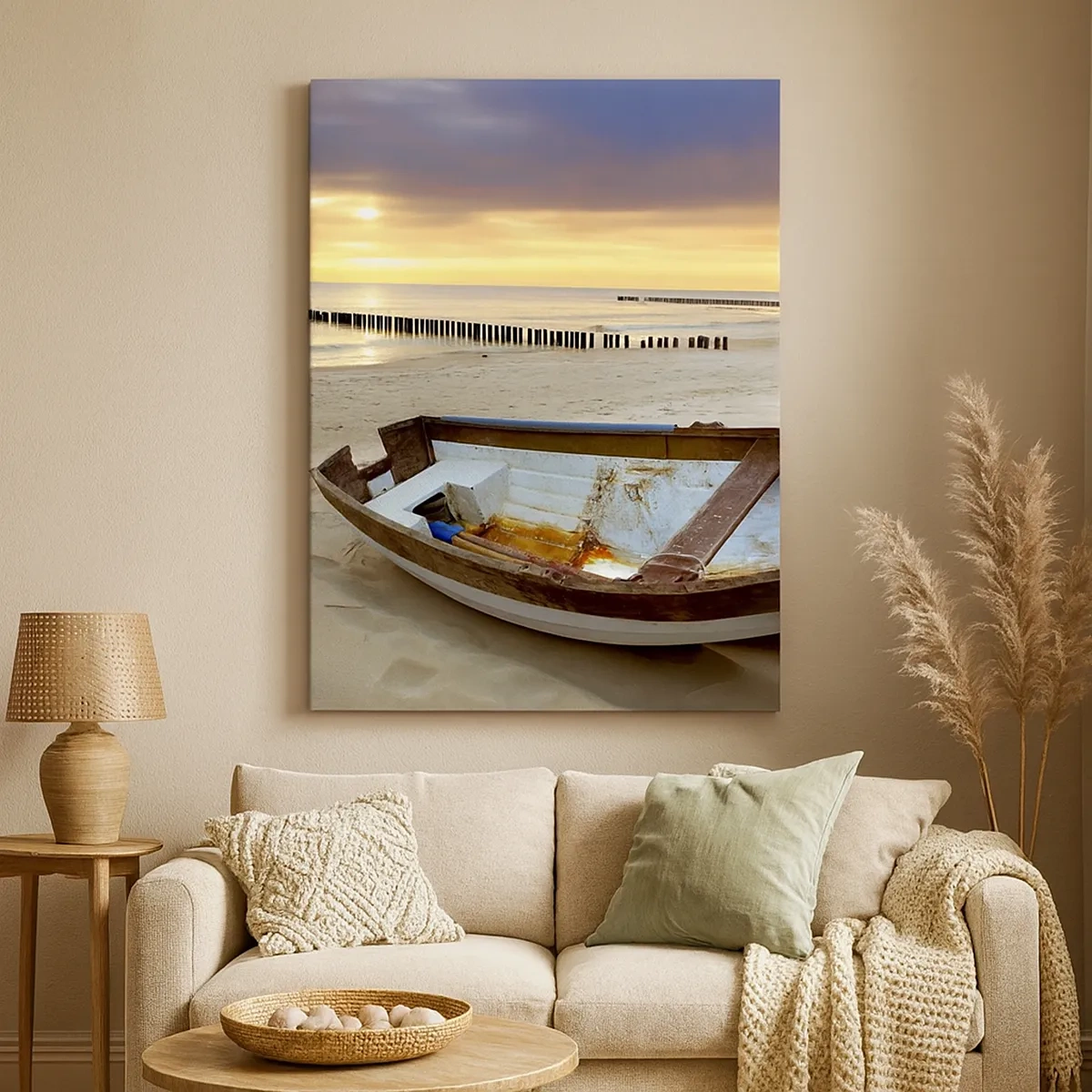 Impression sur toile - Image sur toile - Un bateau sur une plage de sable au coucher du soleil - 50x70cm - Il n'y a pas de plus belles plages - Décoration murale moderne pour le salon et la chambre ARTTOR