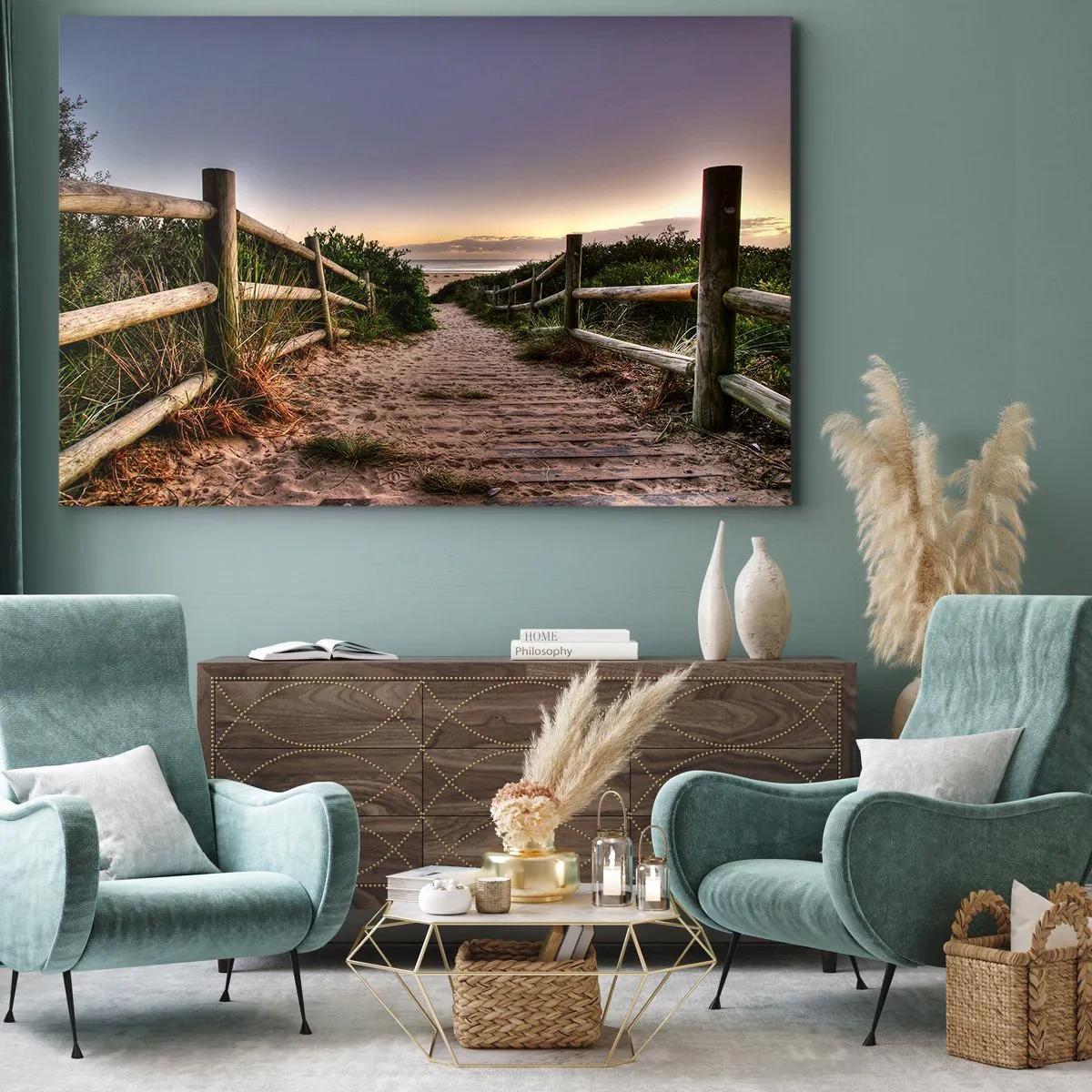 Impression sur toile - Image sur toile - Chemin en bois dans les dunes menant à la plage au coucher du soleil - 70x50cm - On voit déjà le but - Décoration murale moderne pour le salon et la chambre ARTTOR