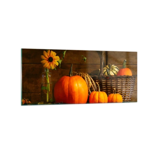 Impression sur verre - Image sur verre - Composition d'automne avec citrouilles et fleurs sur fond de bois - 120x50cm - Une composition rustique - cadeaux d'automne - Décoration murale moderne pour le salon et la chambre ARTTOR