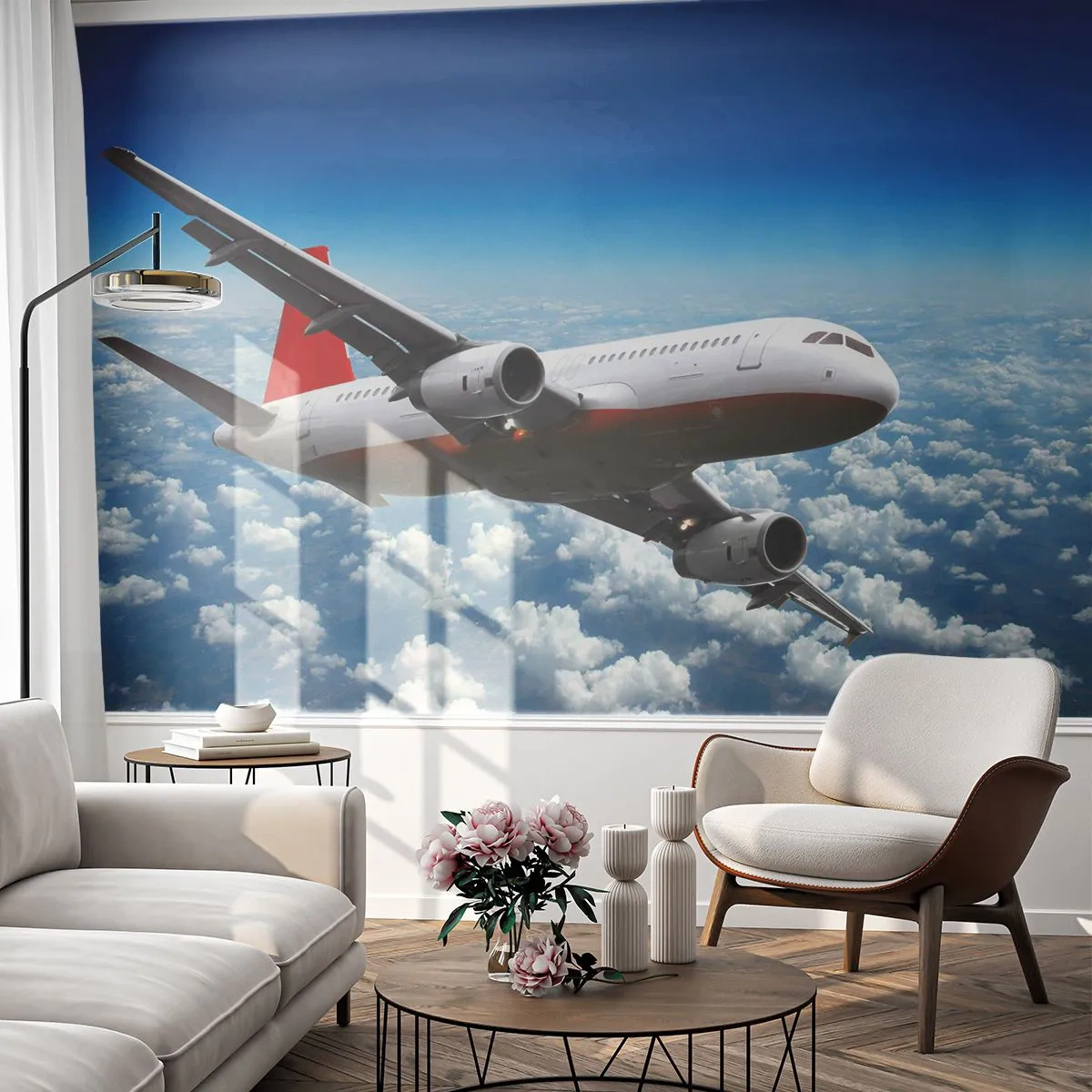Papier Peint Photo Premium Canvas - Un avion de ligne volant au-dessus des nuages contre un ciel bleu. - 100x70cm - Éloignez-vous de tout - Décoration murale moderne pour le salon et la chambre ARTTOR