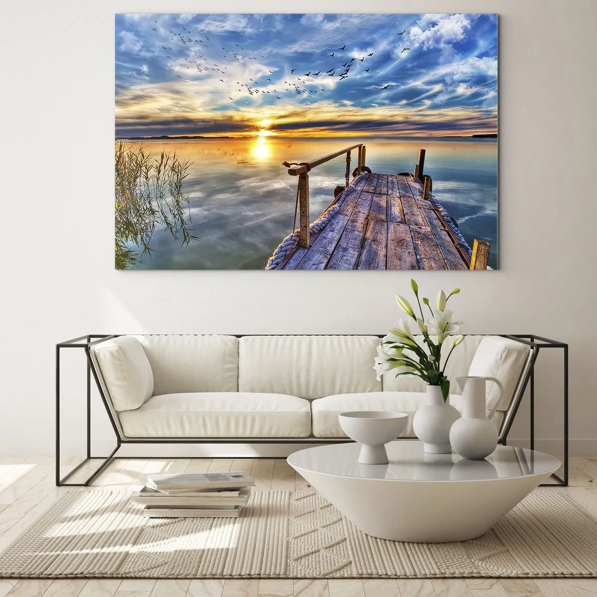 Impression sur verre - Image sur verre - Jetée au bord du lac au coucher du soleil avec des oiseaux dans le ciel - 70x50cm - Le vent se repose - Décoration murale moderne pour le salon et la chambre ARTTOR