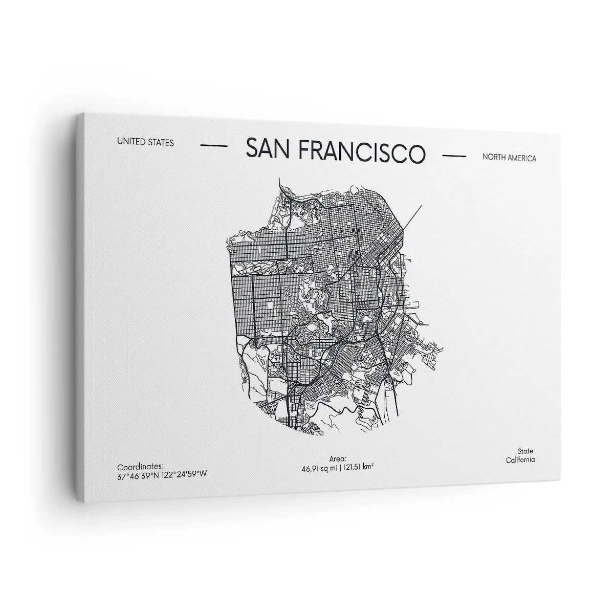 Impression sur toile - Image sur toile - Une carte de San Francisco dans un style minimaliste en noir et blanc. - 70x50cm - Anatomie de San Fransisco - Décoration murale moderne pour le salon et la chambre ARTTOR