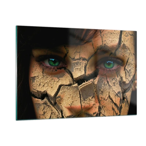 Impression sur verre - Image sur verre - Un visage de femme avec un effet de terre craquelée - 120x80cm - Plaisir et effroi en même temps - Décoration murale moderne pour le salon et la chambre ARTTOR