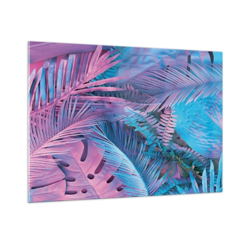 Impression sur verre - Image sur verre - Feuilles tropicales dans des tons de rose et de bleu sur un fond néon - 100x70cm - Les tropiques en rose et bleu - Décoration murale moderne pour le salon et la chambre ARTTOR