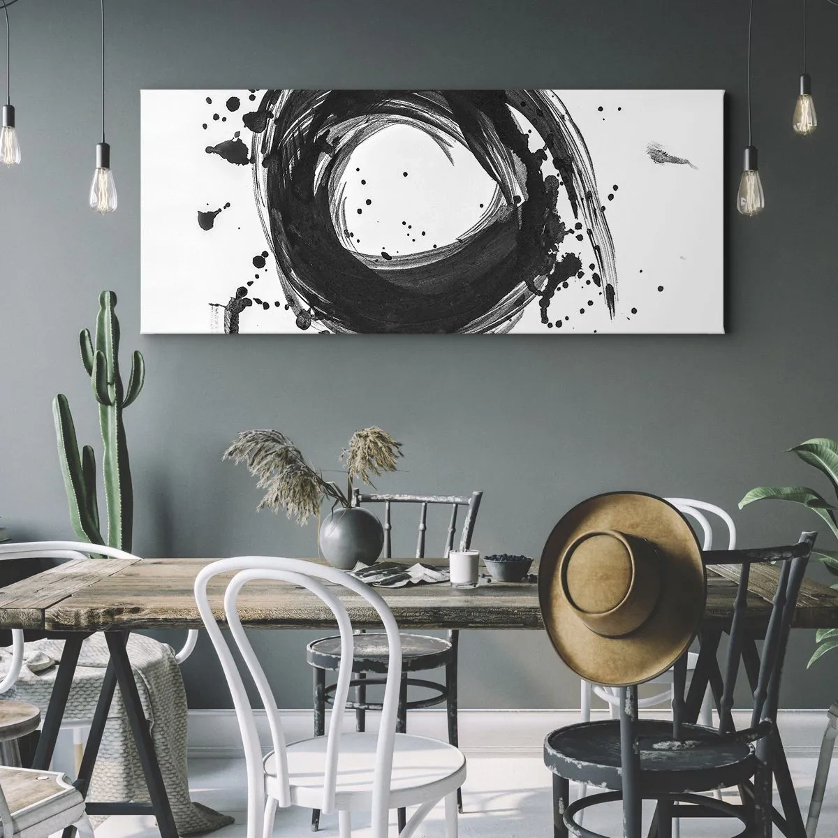 Impression sur toile - Image sur toile - Abstraction noire en forme de cercle sur fond blanc - 140x50cm - Le tourbillon de la création - Décoration murale moderne pour le salon et la chambre ARTTOR