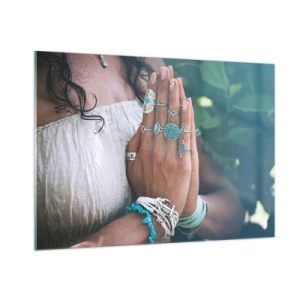 Impression sur verre - Image sur verre - Mains de femme portant des bijoux bohèmes - 100x70cm - Bienvenue au centre du bien-être - Décoration murale moderne pour le salon et la chambre ARTTOR